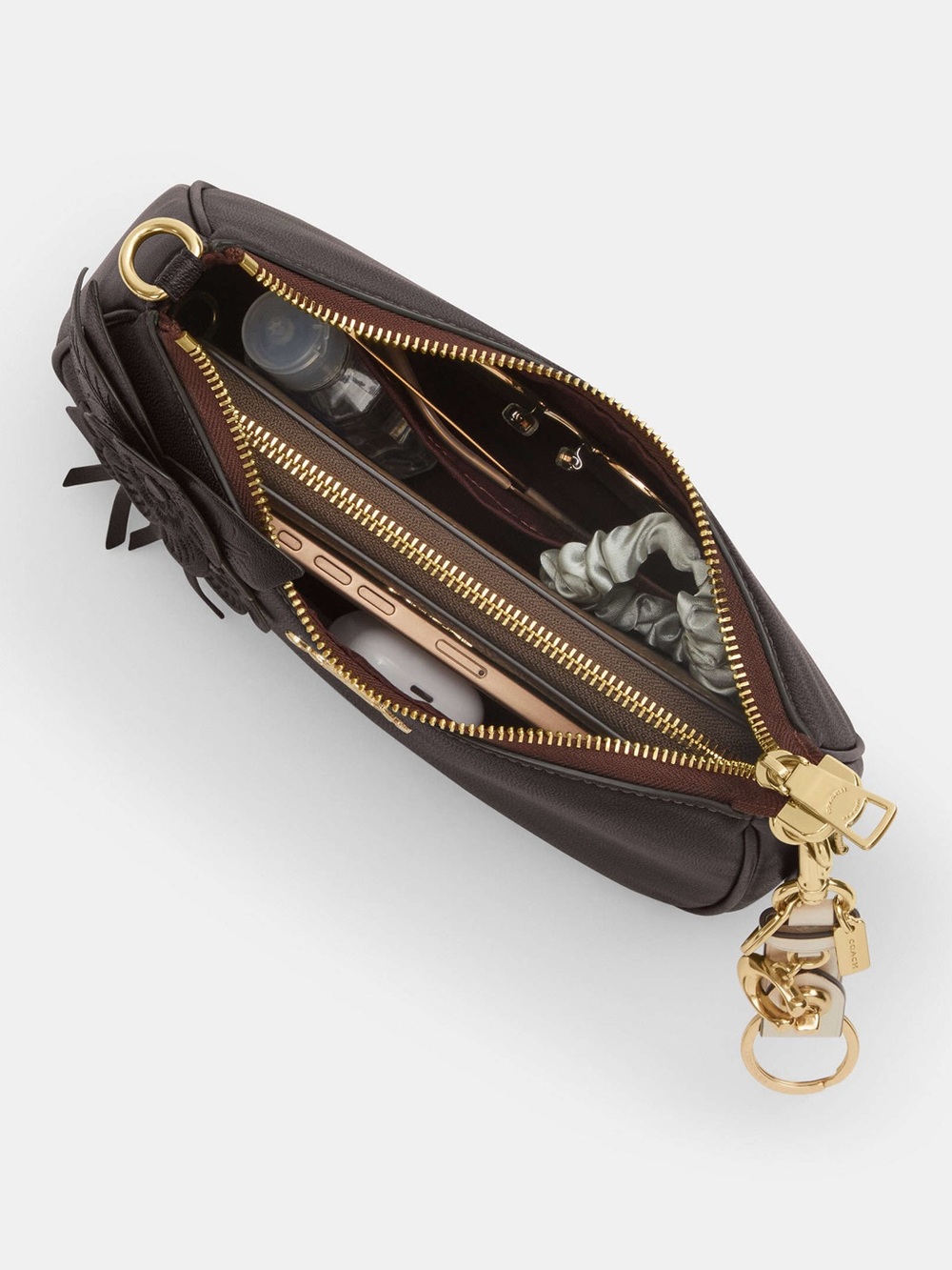 COACH NWT Teri Shoulder Bag Floral Applique Leather Maple Brown Gold - Picture 5 of 10